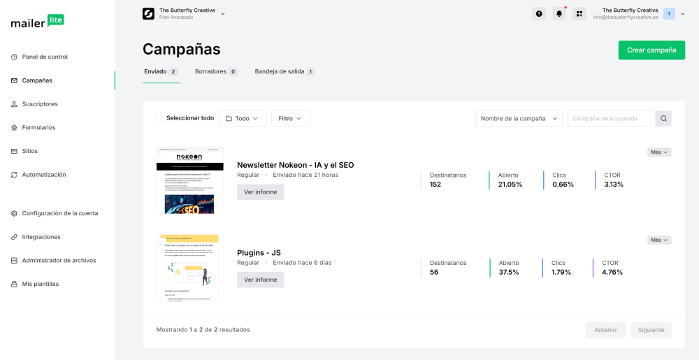 interfaz MailerLite